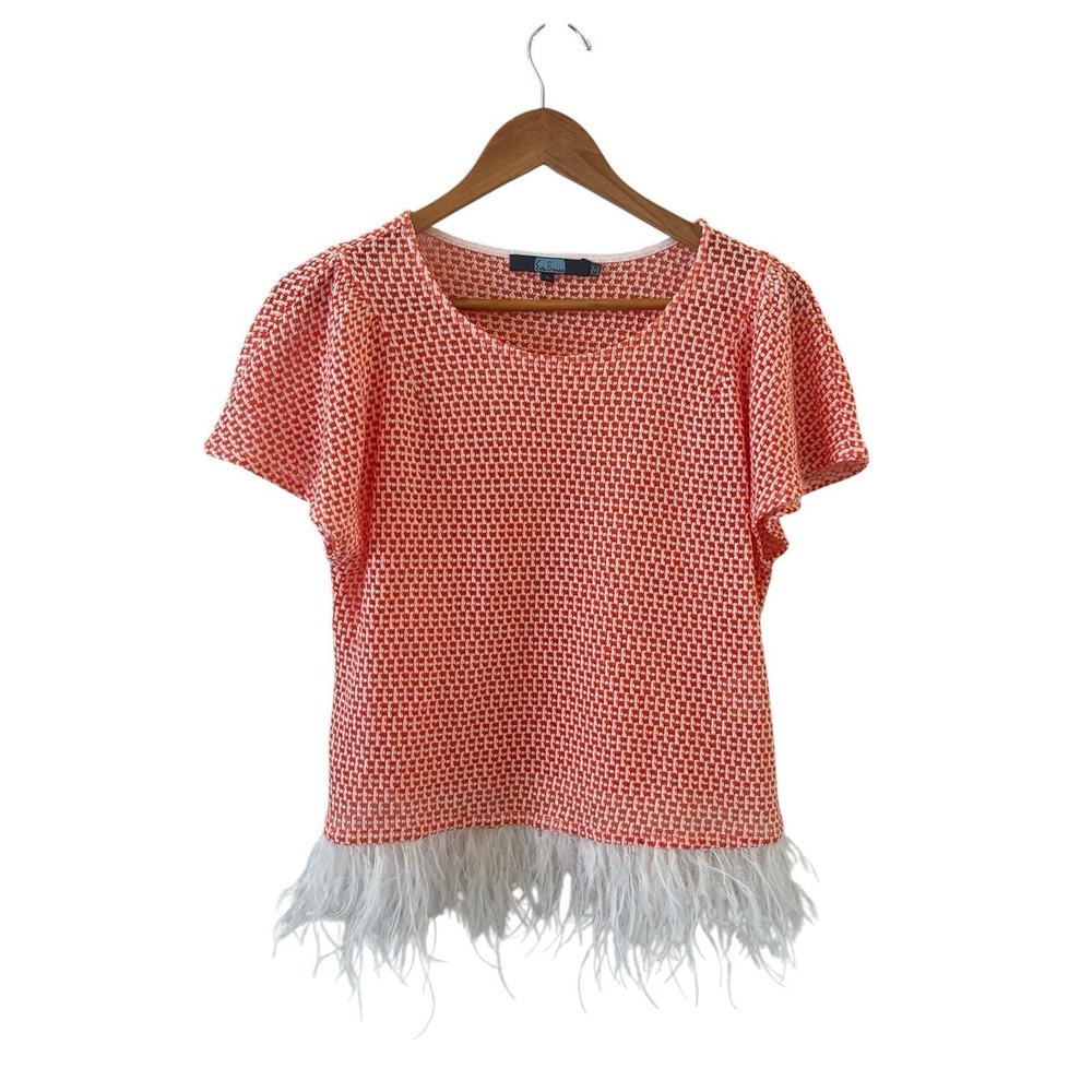 Anthropologie Eva Franco Top Womens S Orange Textured Retro Feather Trim